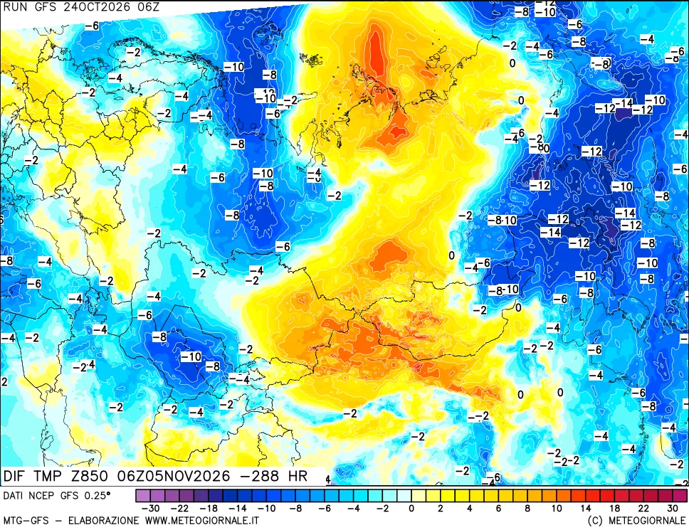 mappa Dif. Temp a 850 hPa Valid - Init