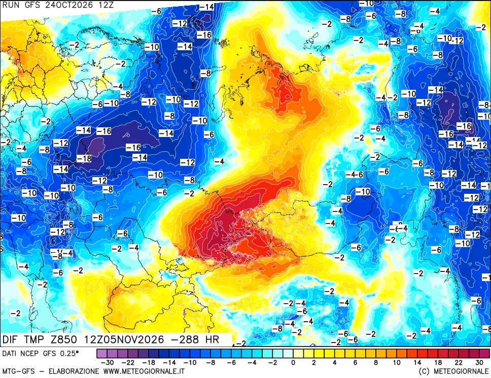 mappa Dif. Temp a 850 hPa Valid - Init