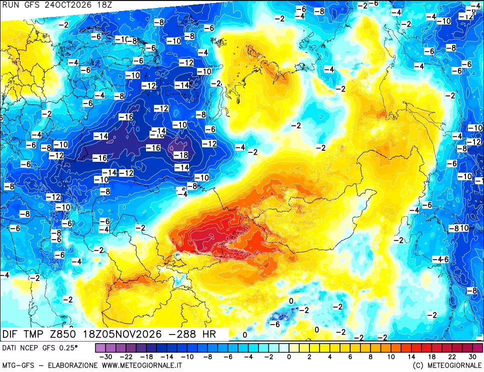 mappa Dif. Temp a 850 hPa Valid - Init