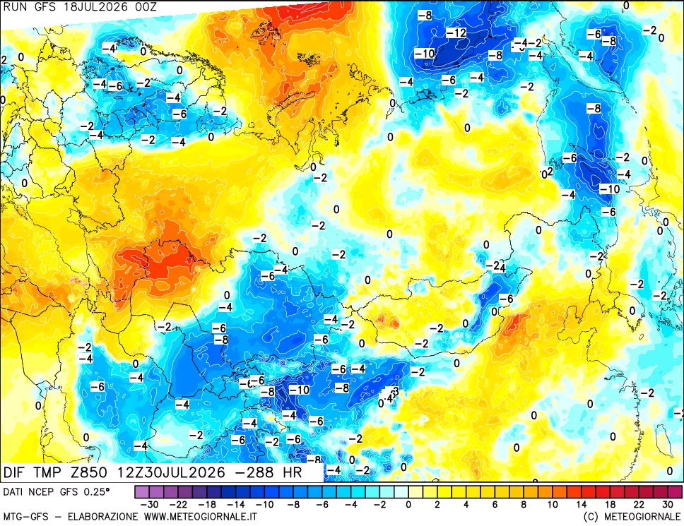 mappa Dif. Temp a 850 hPa Valid - Init