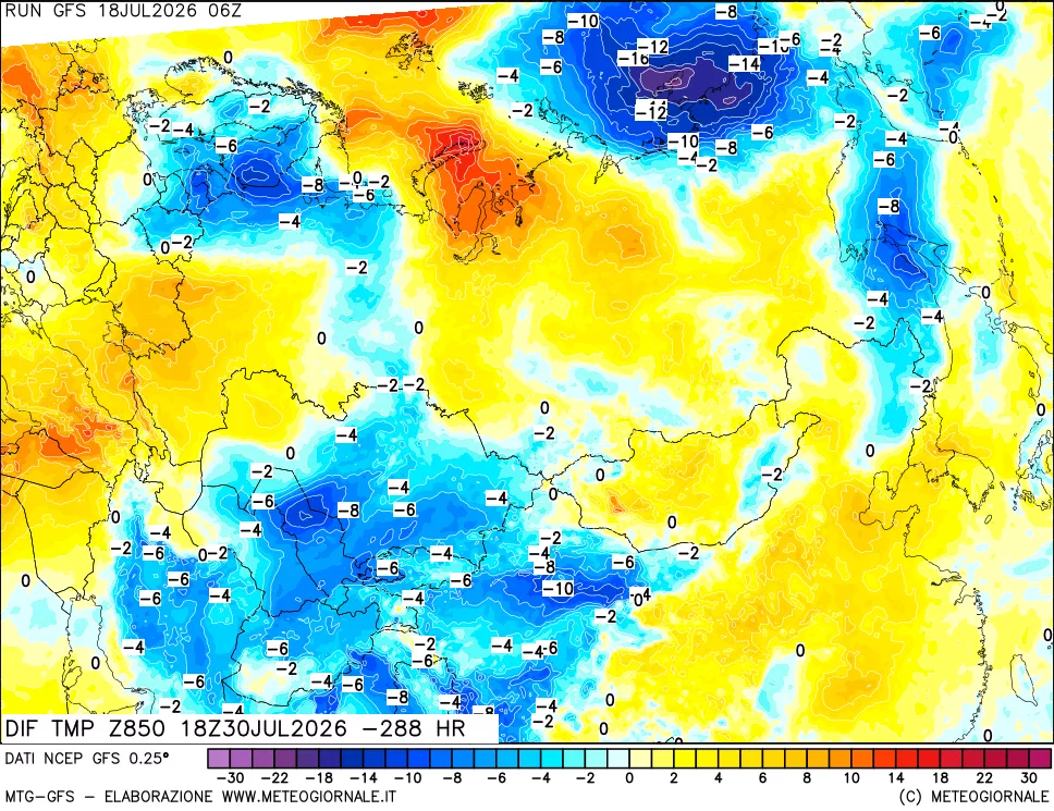 mappa Dif. Temp a 850 hPa Valid - Init