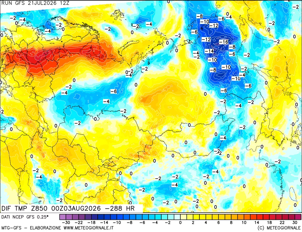 mappa Dif. Temp a 850 hPa Valid - Init
