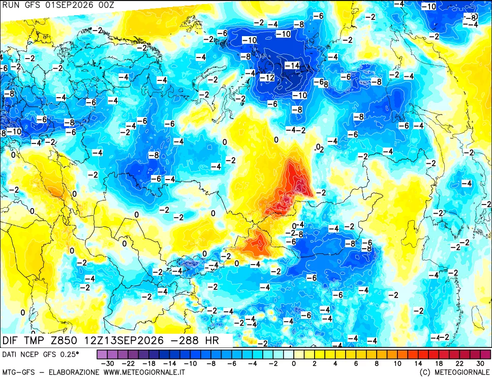 mappa Dif. Temp a 850 hPa Valid - Init