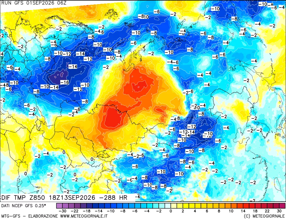 mappa Dif. Temp a 850 hPa Valid - Init
