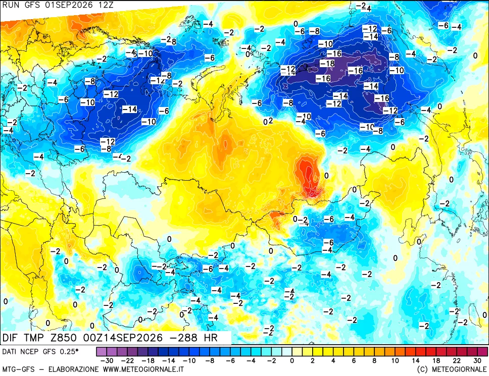 mappa Dif. Temp a 850 hPa Valid - Init