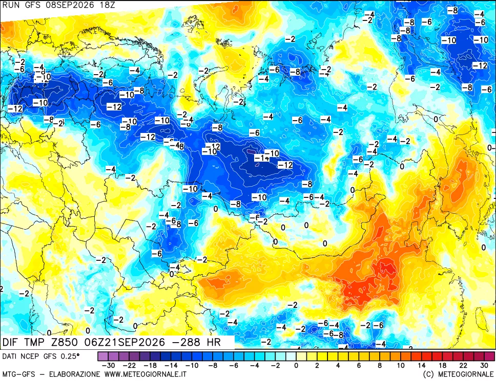 mappa Dif. Temp a 850 hPa Valid - Init