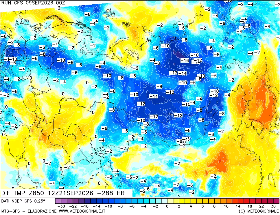 mappa Dif. Temp a 850 hPa Valid - Init