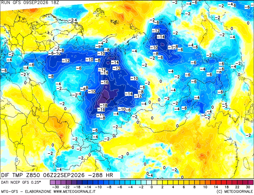 mappa Dif. Temp a 850 hPa Valid - Init