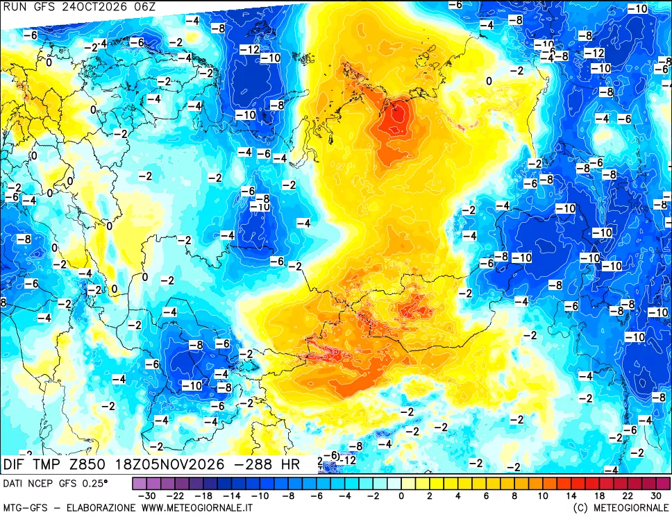 mappa Dif. Temp a 850 hPa Valid - Init