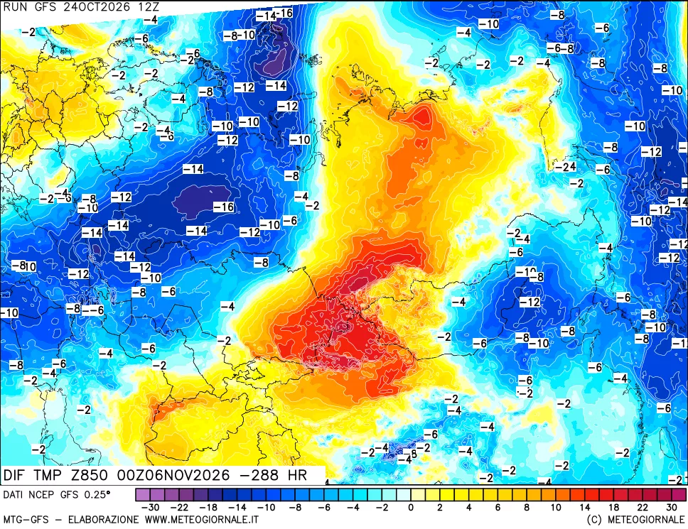 mappa Dif. Temp a 850 hPa Valid - Init