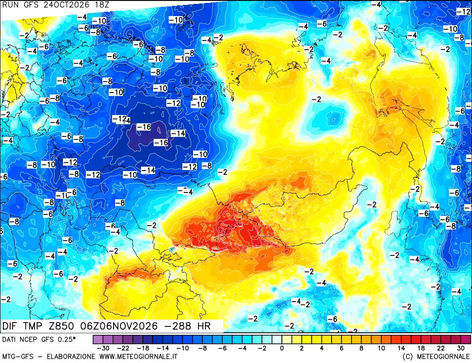 mappa Dif. Temp a 850 hPa Valid - Init