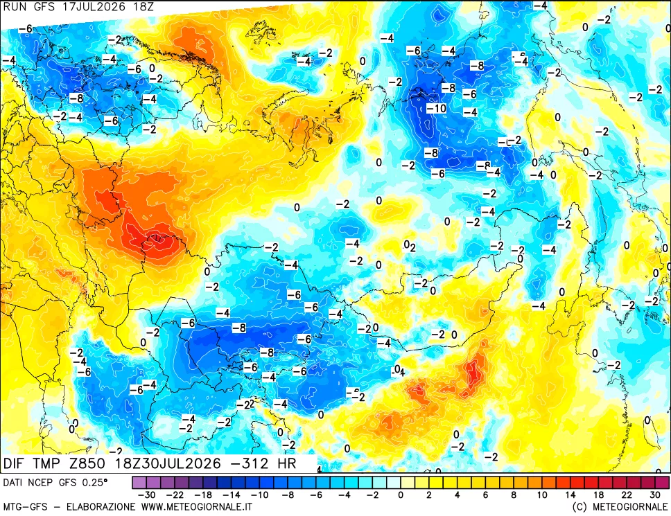 mappa Dif. Temp a 850 hPa Valid - Init