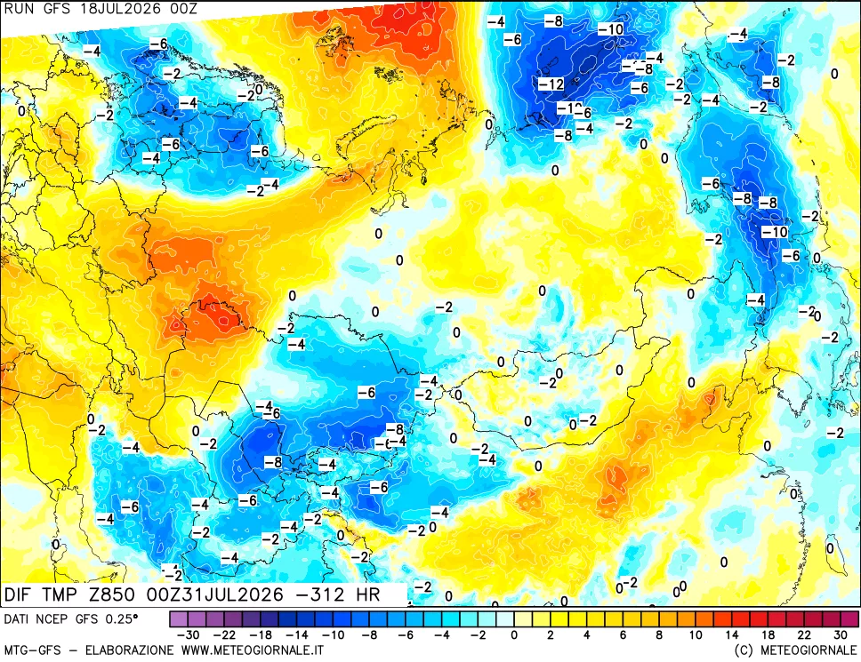 mappa Dif. Temp a 850 hPa Valid - Init