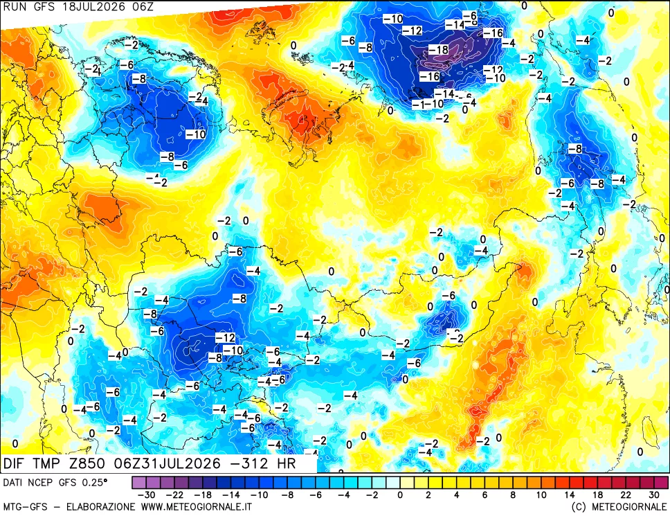 mappa Dif. Temp a 850 hPa Valid - Init