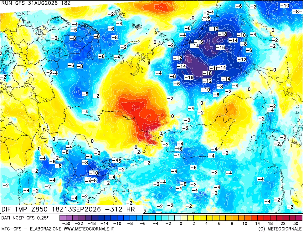 mappa Dif. Temp a 850 hPa Valid - Init