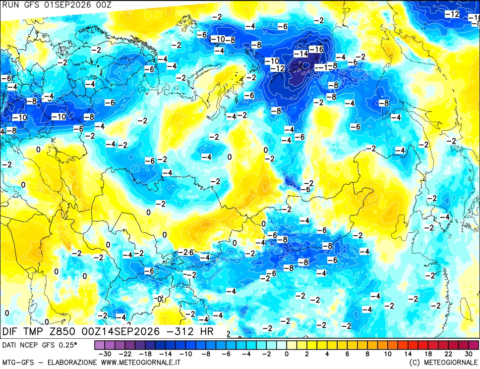 mappa Dif. Temp a 850 hPa Valid - Init