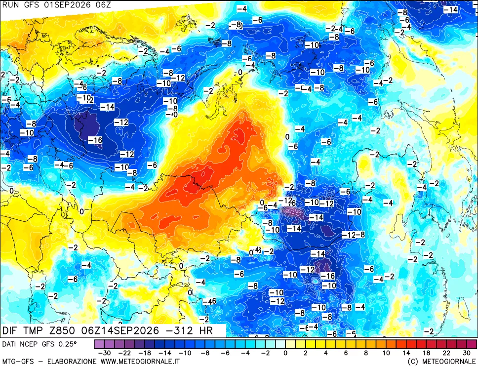 mappa Dif. Temp a 850 hPa Valid - Init