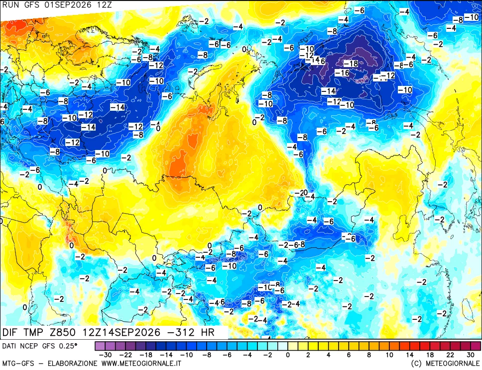 mappa Dif. Temp a 850 hPa Valid - Init