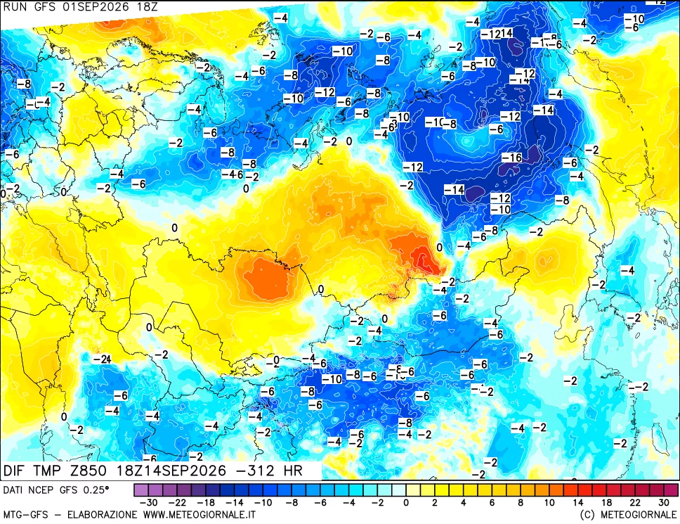 mappa Dif. Temp a 850 hPa Valid - Init