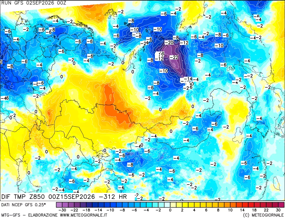 mappa Dif. Temp a 850 hPa Valid - Init