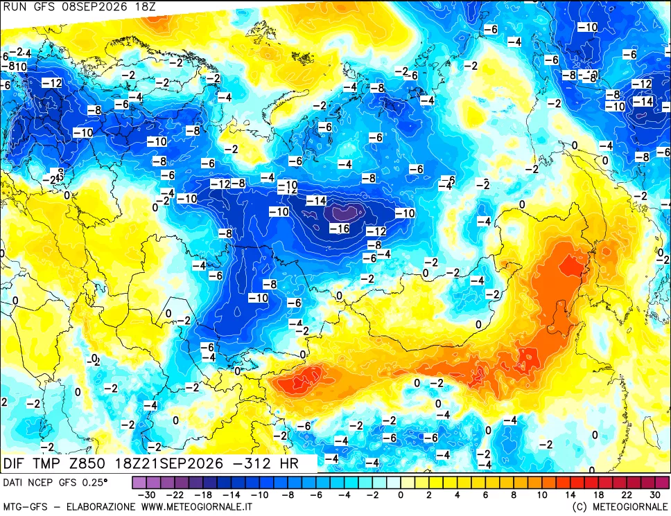 mappa Dif. Temp a 850 hPa Valid - Init