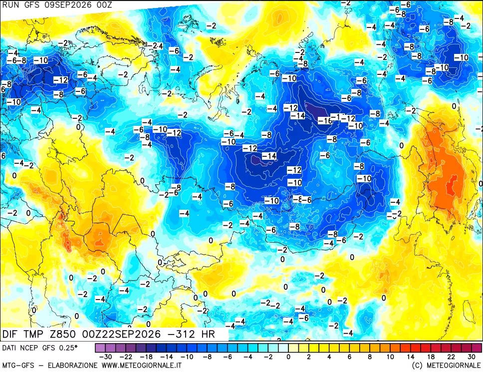 mappa Dif. Temp a 850 hPa Valid - Init