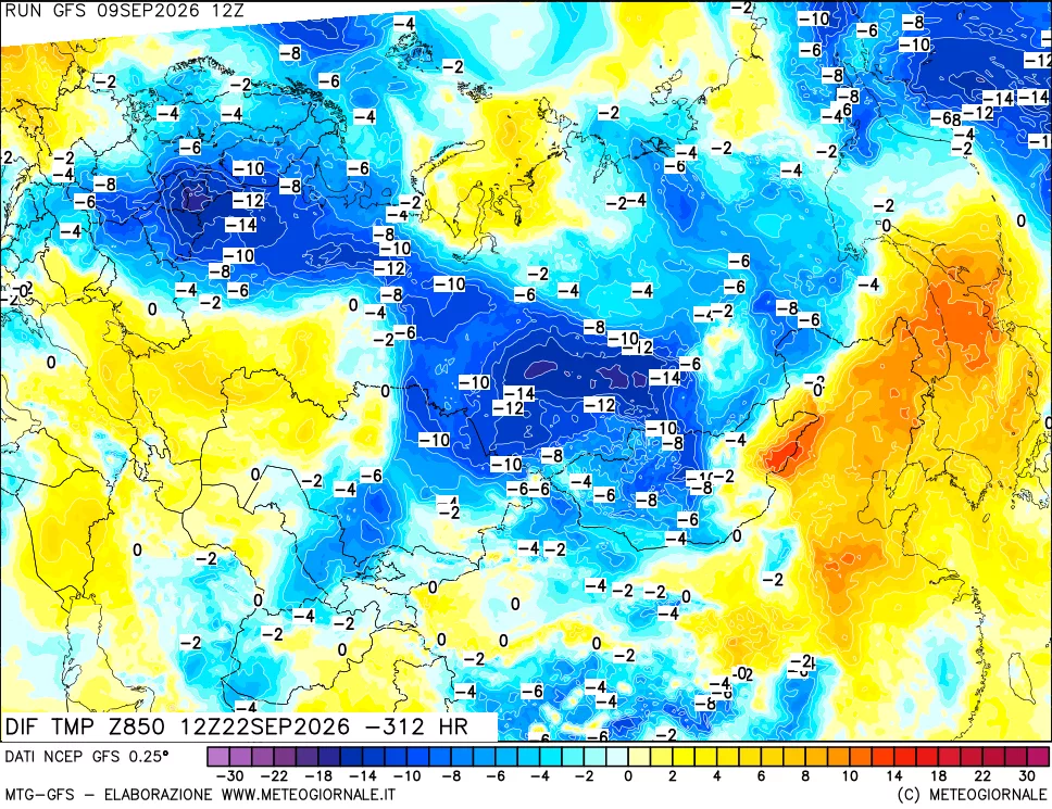 mappa Dif. Temp a 850 hPa Valid - Init