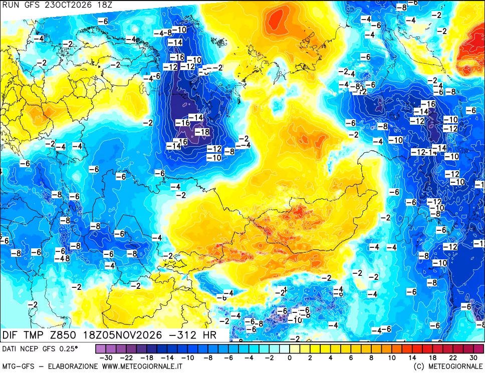 mappa Dif. Temp a 850 hPa Valid - Init