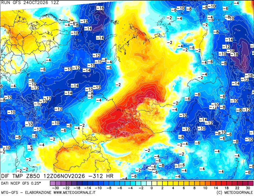 mappa Dif. Temp a 850 hPa Valid - Init