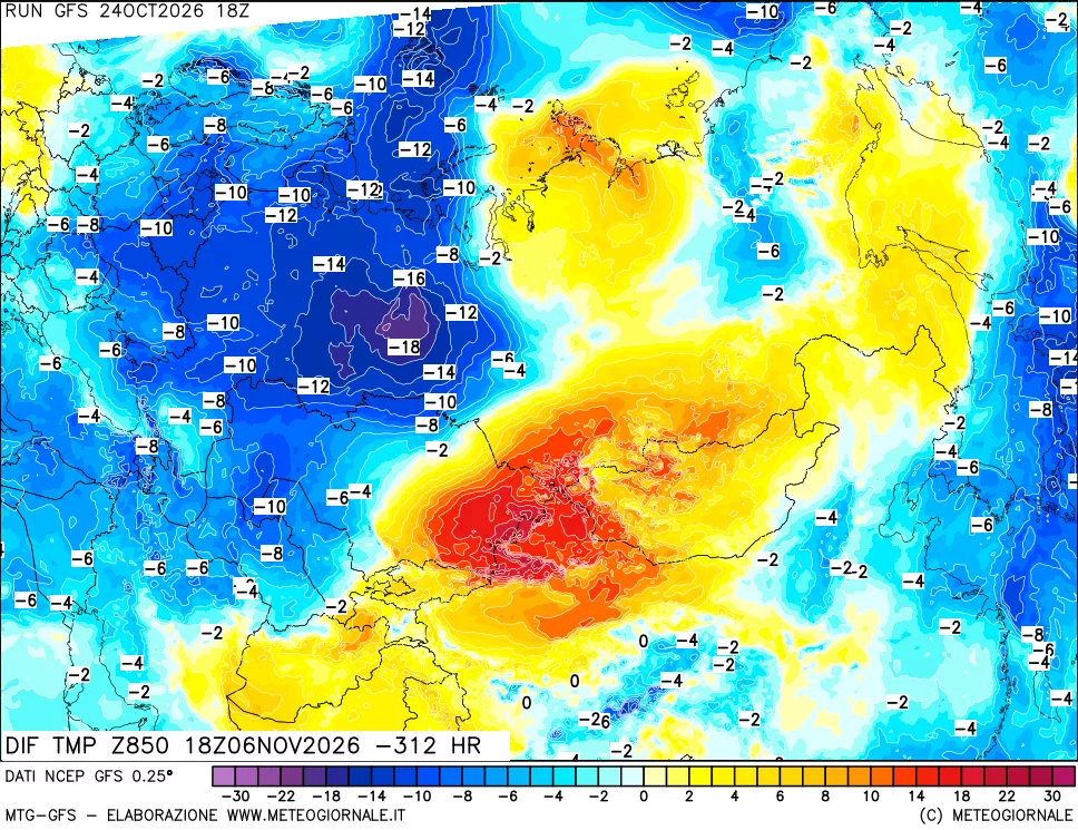 mappa Dif. Temp a 850 hPa Valid - Init