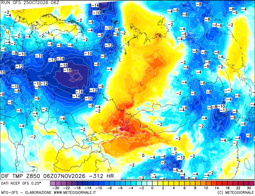 mappa Dif. Temp a 850 hPa Valid - Init