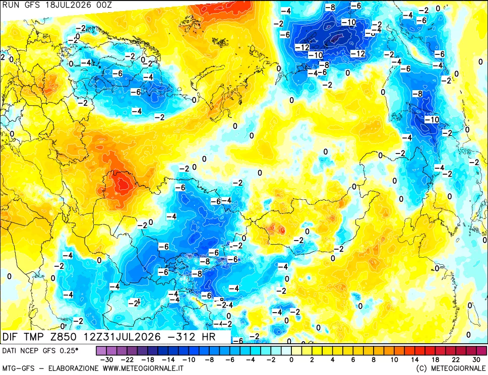 mappa Dif. Temp a 850 hPa Valid - Init