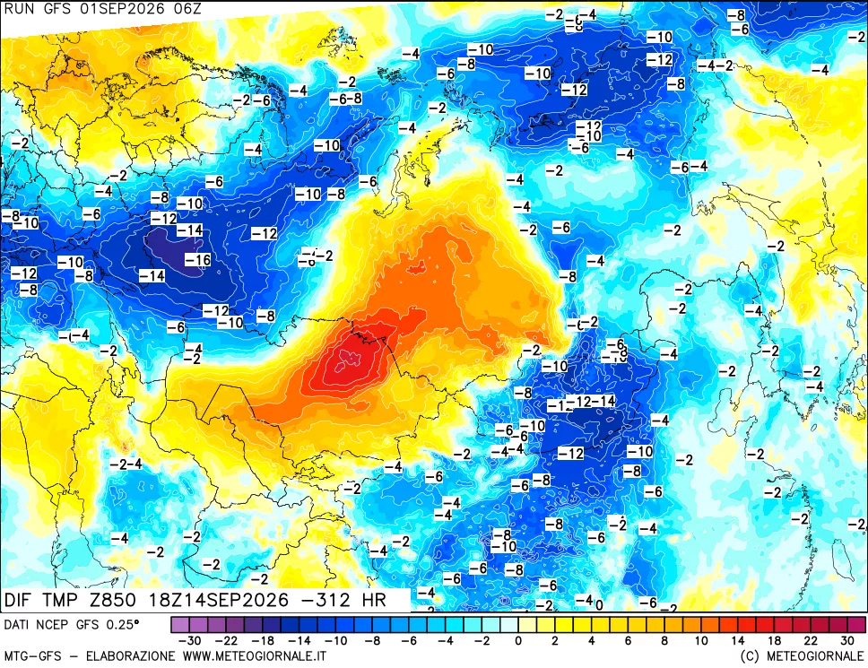 mappa Dif. Temp a 850 hPa Valid - Init