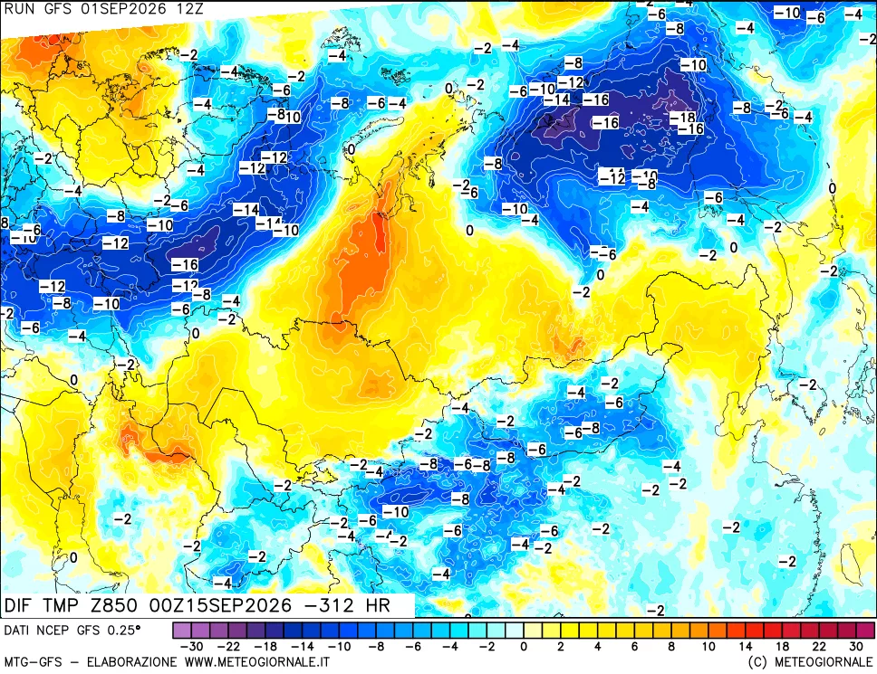 mappa Dif. Temp a 850 hPa Valid - Init