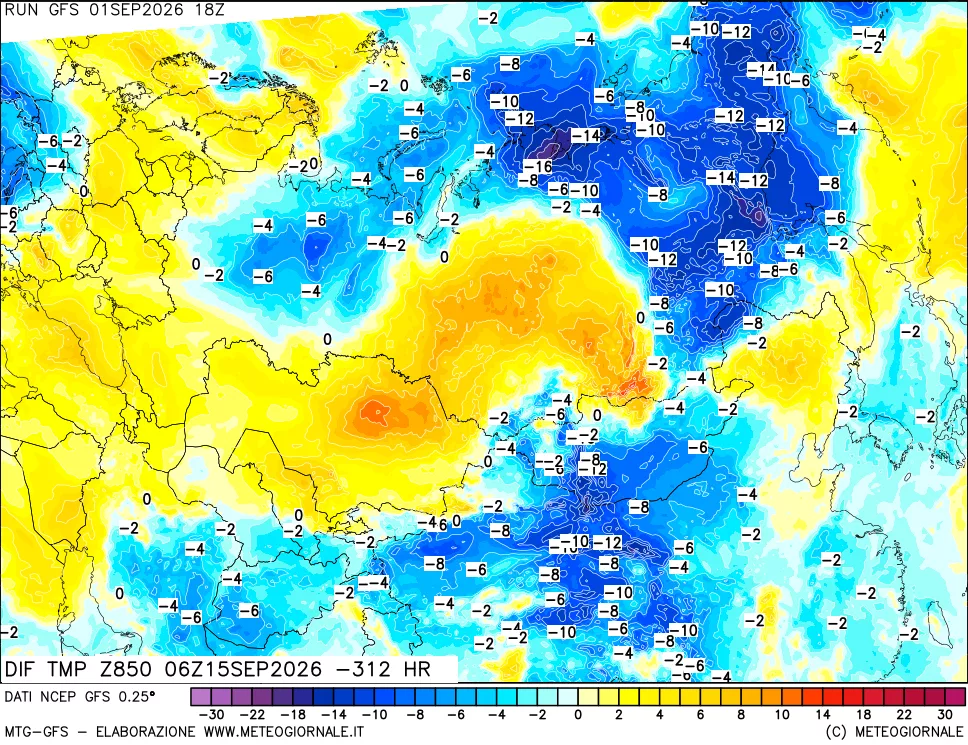 mappa Dif. Temp a 850 hPa Valid - Init