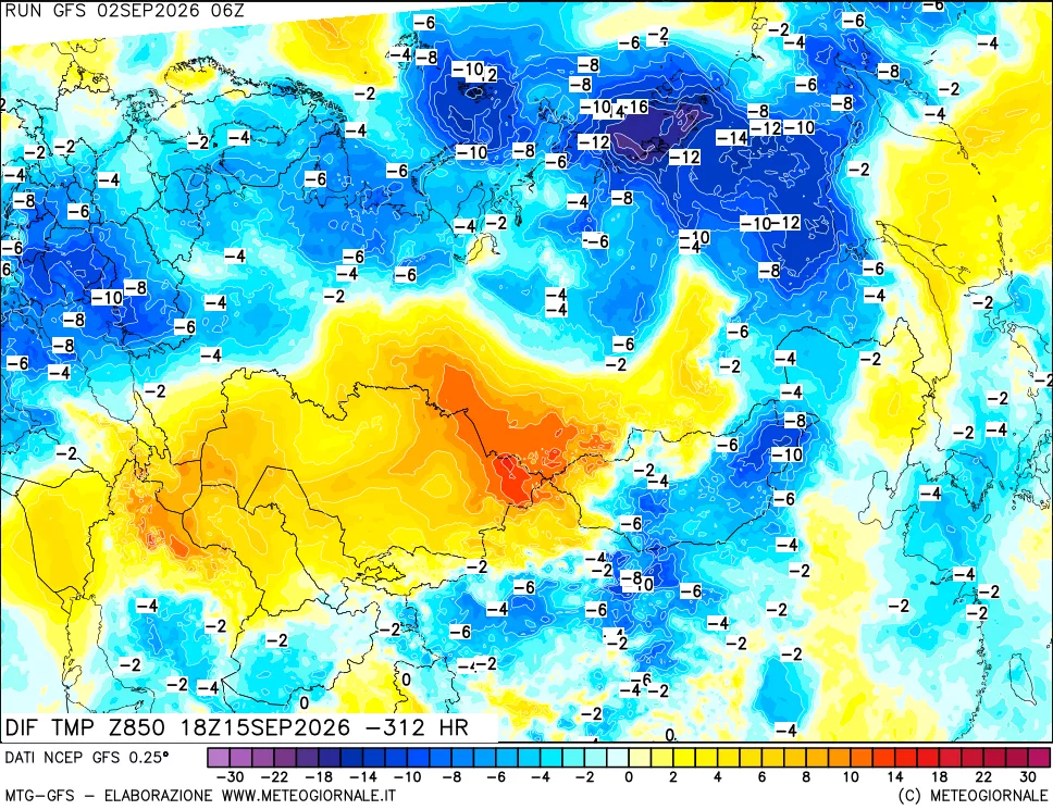 mappa Dif. Temp a 850 hPa Valid - Init