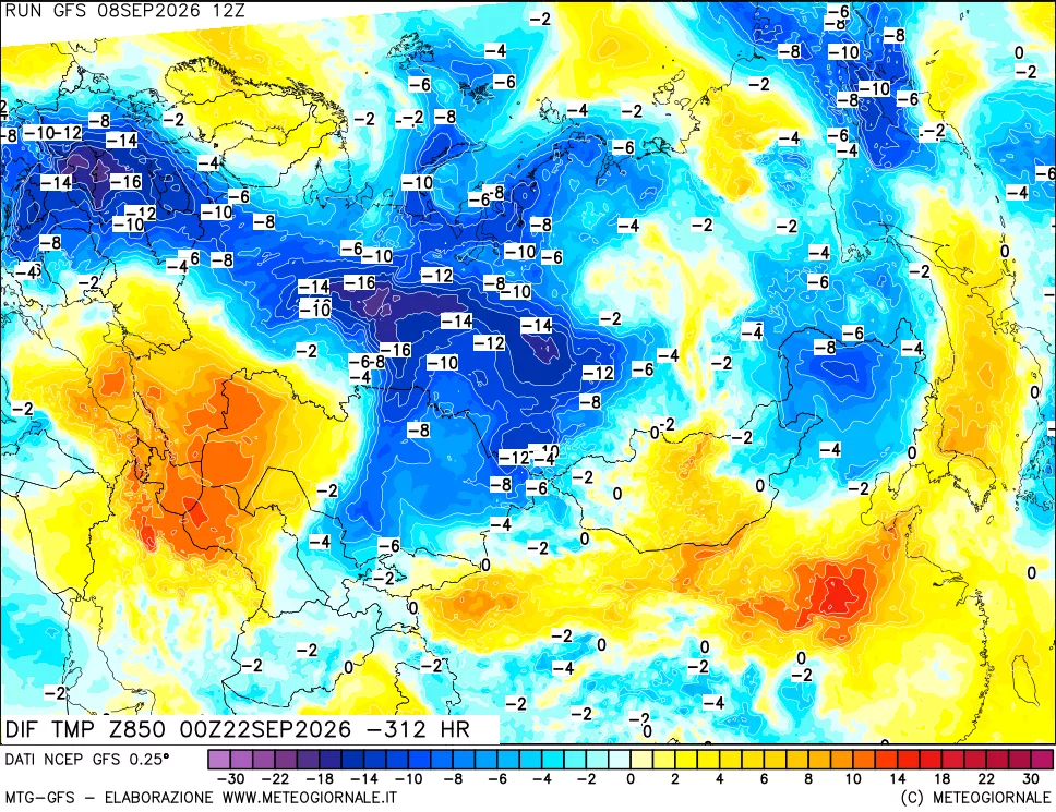 mappa Dif. Temp a 850 hPa Valid - Init