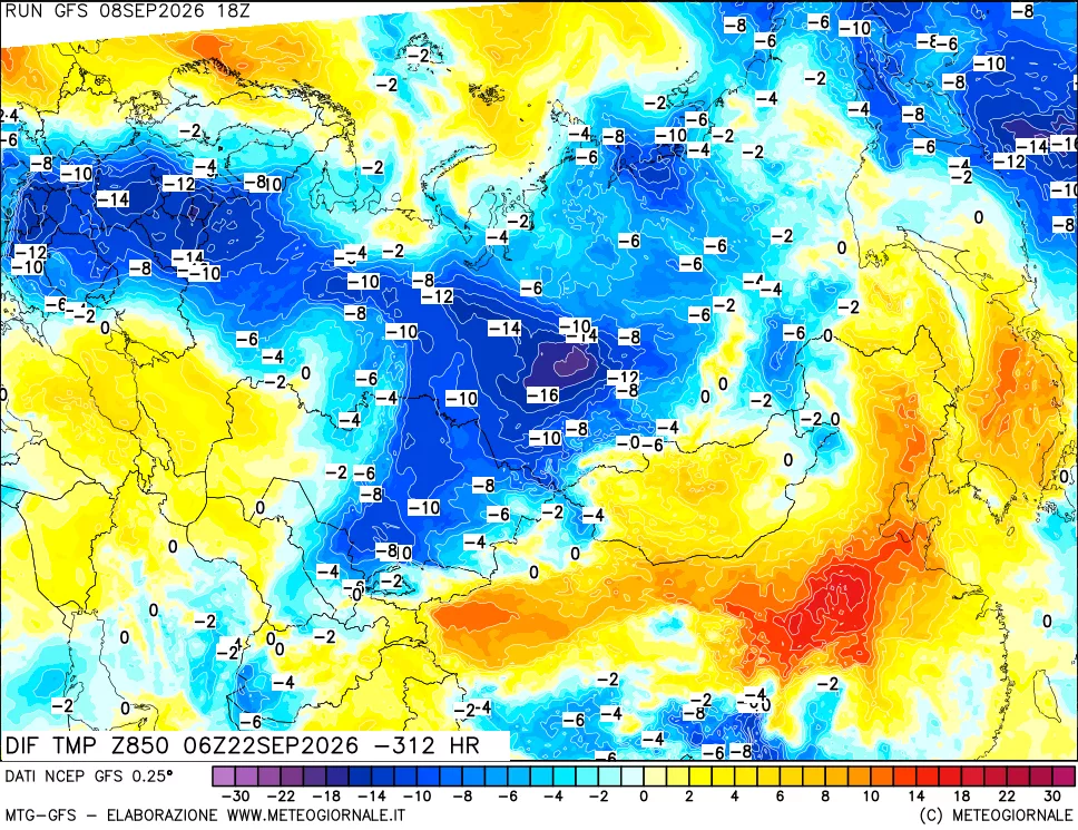 mappa Dif. Temp a 850 hPa Valid - Init