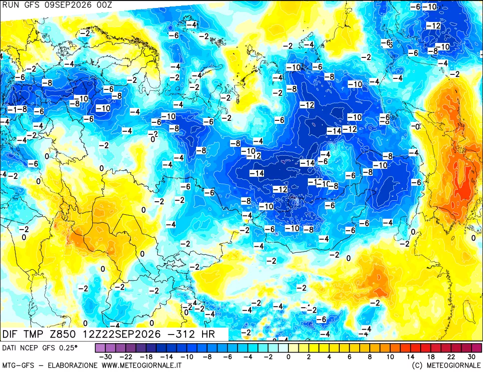 mappa Dif. Temp a 850 hPa Valid - Init
