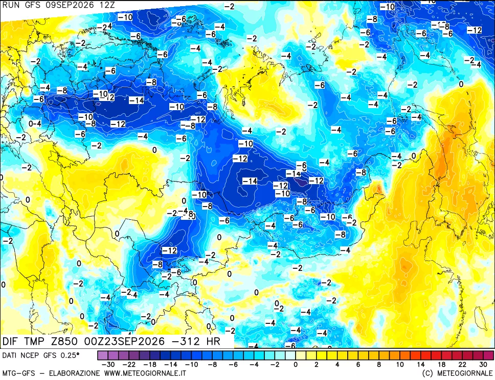 mappa Dif. Temp a 850 hPa Valid - Init