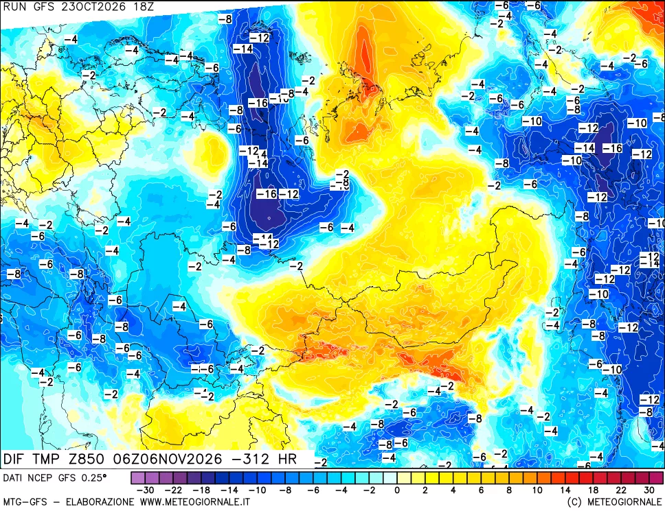 mappa Dif. Temp a 850 hPa Valid - Init