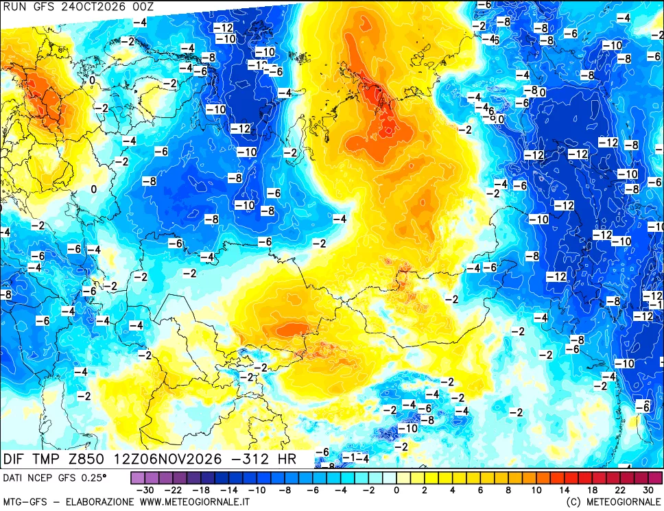 mappa Dif. Temp a 850 hPa Valid - Init
