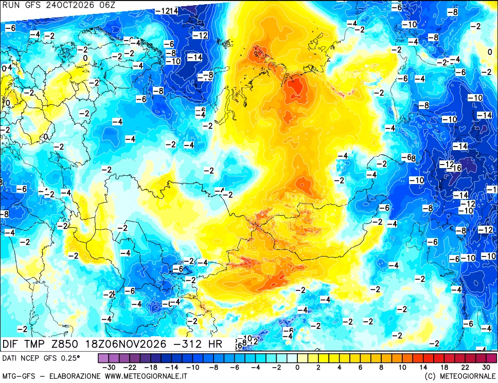 mappa Dif. Temp a 850 hPa Valid - Init