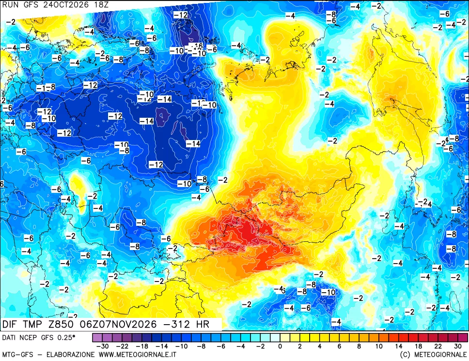 mappa Dif. Temp a 850 hPa Valid - Init