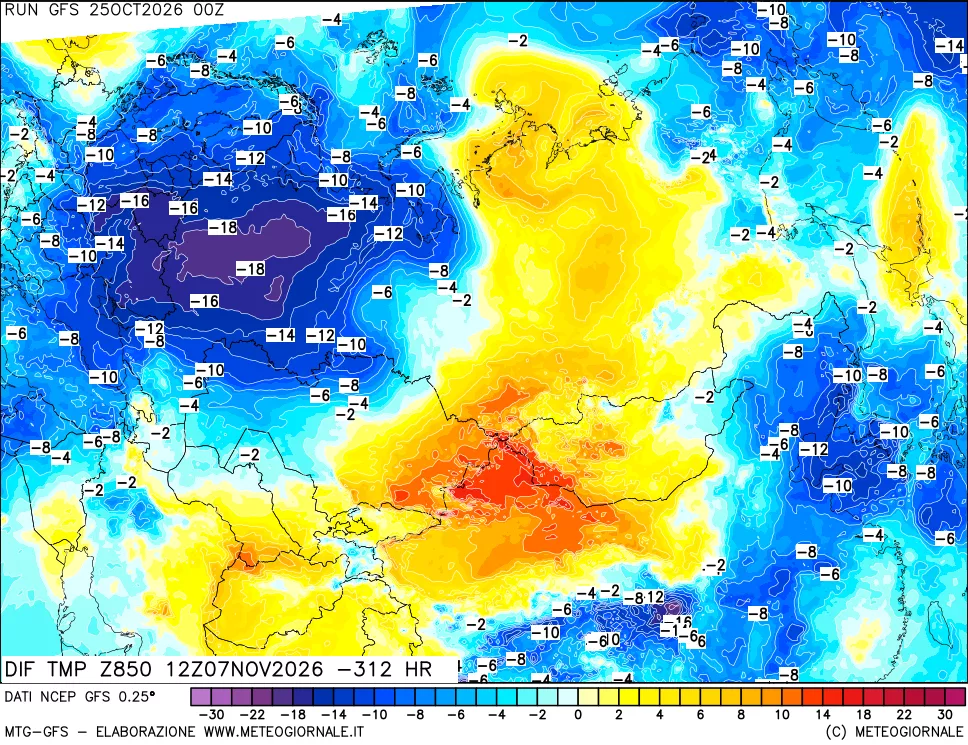 mappa Dif. Temp a 850 hPa Valid - Init