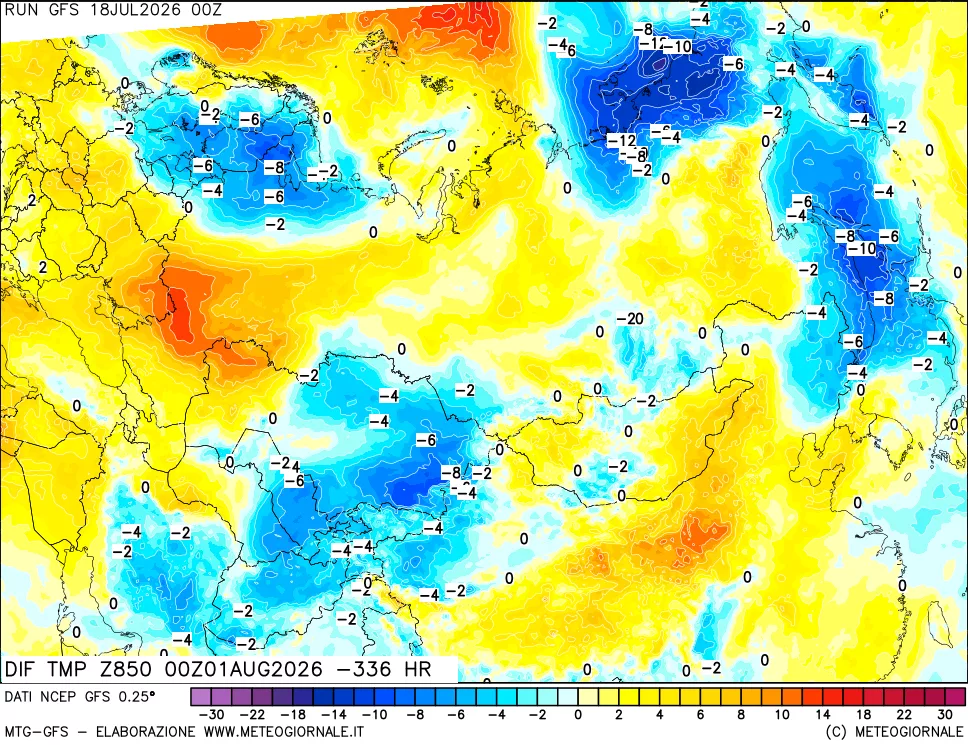 mappa Dif. Temp a 850 hPa Valid - Init