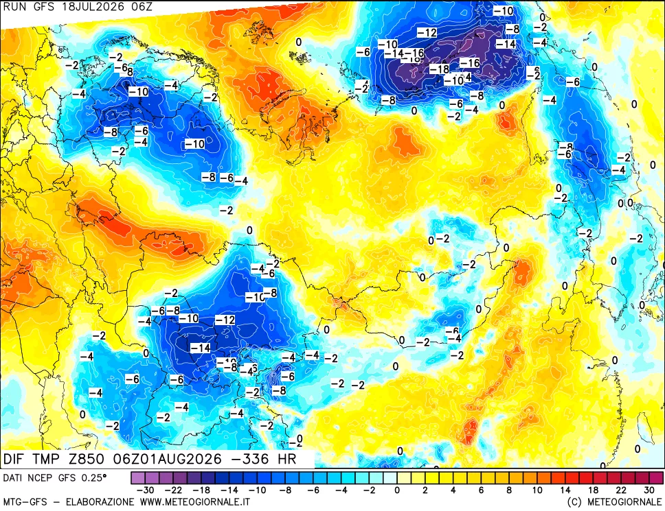 mappa Dif. Temp a 850 hPa Valid - Init