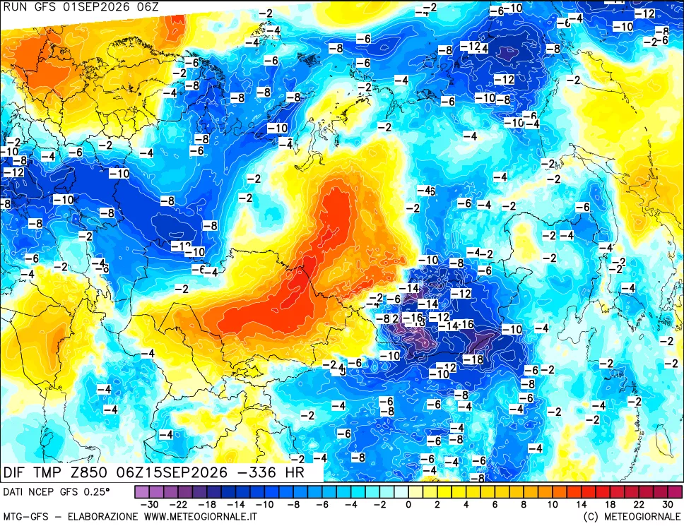 mappa Dif. Temp a 850 hPa Valid - Init