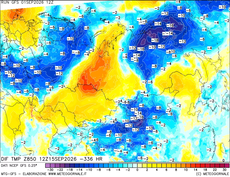 mappa Dif. Temp a 850 hPa Valid - Init