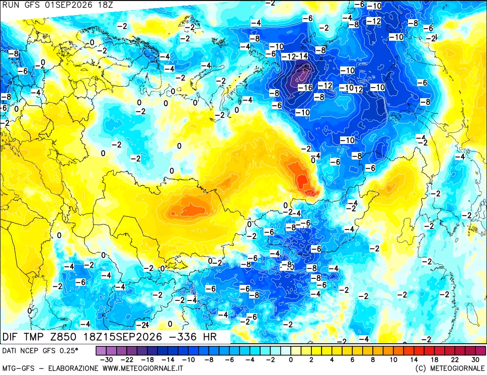 mappa Dif. Temp a 850 hPa Valid - Init